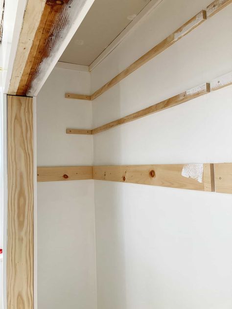 Closet For Two People, Closet Cubbies, Clothes Bar, Wood Closet Shelves, Long Shelves, Diy Closet Shelves, Cheap Shelves, Built In Closet, Deep Closet