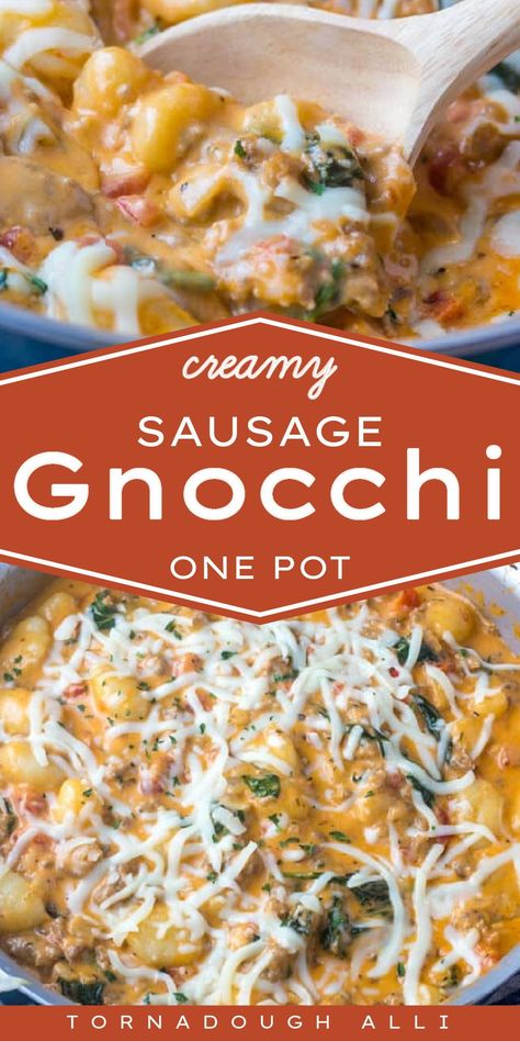 Looking for a hearty dinner idea? This One Pot Creamy Sausage Gnocchi from Tornadough Alli is the perfect weeknight burst of flavor that you're looking for! It's easy, with minimal cleanup, and the creamy sauce, sausage, and gnocchi go together so well! It's so delicious! Save this meal. Gnocci Meals With Sausage, Gnocchi Dinners, Smoked Sausage And Gnocchi, Sausage Gnocchi Recipes, Sausage Gnocchi, Chicken Sausage And Gnocchi, Gnocchi Sausage Recipes, Sausage And Gnocchi Recipes, Smoked Sausage Gnocchi