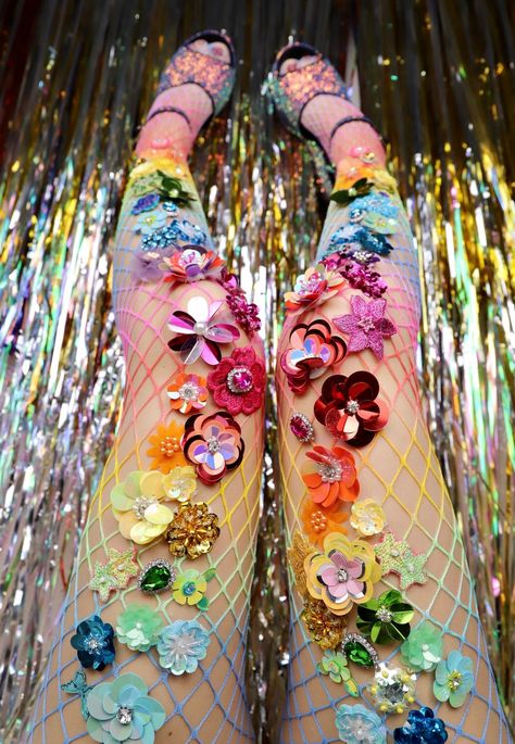 Embellished Fishnet TightsLogan Whitney Designs on Etsy - fashion,tights,rainbow,etsy Pride 2024, Style Hacks, Festival Outfits Rave, Look Festival, Diy Kostüm, Fashion Moodboard, Rainbow Outfit, Rave Outfit, Pride Outfit