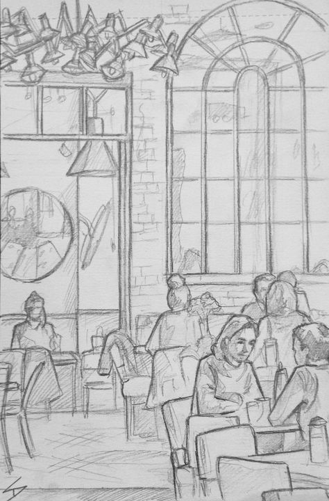 Quick Sketch. 'Cafe Cafe, Prague.' A stylish open plan restaurant and cafe, that has a kind of New York wine bar feel about it. davidasutton.com @davidasutton #drawing #sketch #czech #prague #europe #bar #cafes #coffee #cafe #restaurant #cafecafeprague Restaurant Drawing, Perspective Sketch, Perspective Drawing Architecture, Human Figure Sketches, Scene Drawing, 얼굴 그리기, Perspective Art, Architecture Drawing Art, Figure Sketching