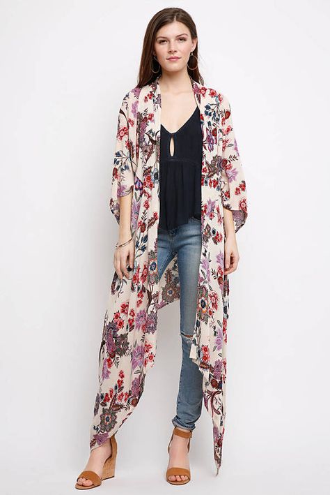 Patrons of Peace Floral Duster Bed Jacket Bohemian Spring Open Front Duster, Bohemian Spring Festival Duster, Summer Beach Long Duster Cover-up, Bohemian Spring Beach Duster Cover-up, Floral Duster, Bed Jacket, Kimono Outfit, Duster Jacket, Boho Jacket