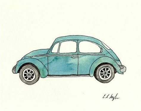 Auto Illustration, Volkswagen Beetle Vintage, Sainte Chapelle Paris, Beetle Car, Car Drawing, Volkswagen Car, Painting Blue, Watercolor Paints, Car Illustration