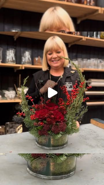 Amaryllis Arrangement Christmas, Christmas Greenery Arrangements, Amaryllis Arrangement, Christmas Floral Arrangements Diy, Amaryllis Christmas, Green Colour Scheme, Winter Flower Arrangements, Red Amaryllis, Christmas Greens