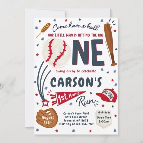 Baseball 1st Home Run Birthday Party Invitation  Zazzle 1 Year Birthday Party Ideas, Birthday Invitations Zazzle, Baseball Birthday Invitations, 1st Home, Baseball Theme Birthday, Baseball First Birthday, Baseball Theme Party, Star Birthday Party, Baseball Birthday Party