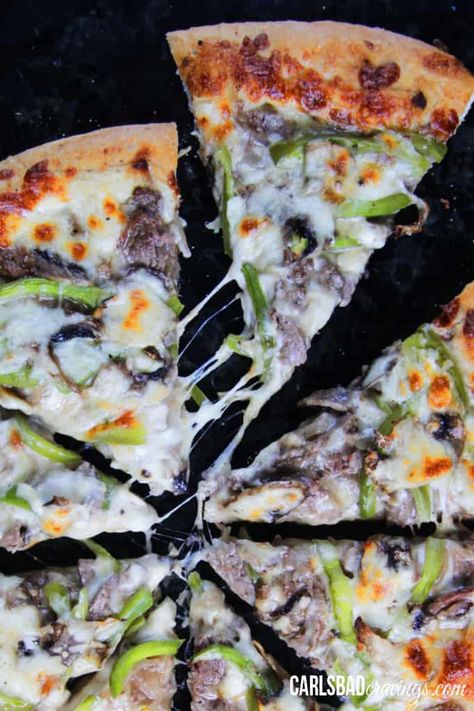 the BEST Philly Cheesesteak Pizza (how to freeze, make ahead, etc) Cheese Steak Pizza, Philly Cheesesteak Pizza, Philly Cheese Steak Pizza, Cheesesteak Pizza, Best Philly Cheesesteak, Steak Marinated, Perfect Homemade Pizza, Steak Pizza, Homemade Pizza Crust