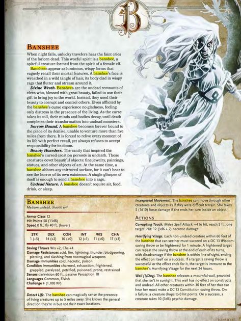 Banshee 5e Dnd Monster Manual, Dnd Table, Ice Monster, Dnd Monster, Monster Manual, Dnd Stats, Monster Legends, Dnd Classes, Dungeons And Dragons 5e