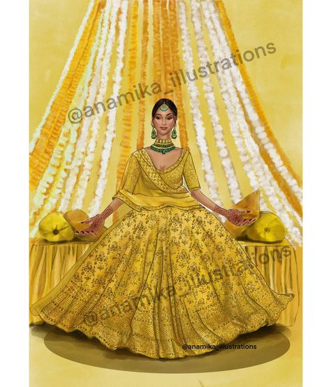 Haldi Ceremony Invitation, Mehndi Outfit Bridal, Haldi Invite, Asian Wedding Invitations, Bridal Illustration, Wedding Illustration Card, Haldi Dress, Bride Friend, Wedding Caricature