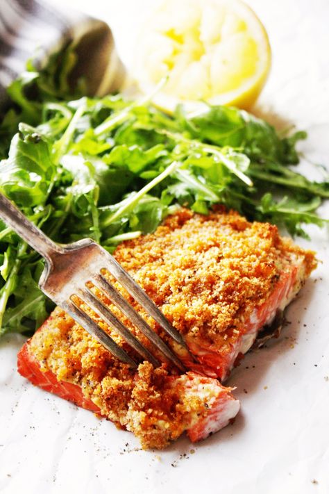 Dijon Crusted Salmon with Simple Arugula Salad [21 Day Fix] Salmon Arugula, Simple Arugula Salad, Seasoned Bread Crumbs, Crusted Salmon, 21 Day Fix Meals, Arugula Salad, 21 Day Fix, Arugula, Salmon Recipes