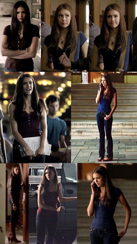 Elena Gilbert Style Season 1, Elena Gilbert Leather Jacket, Elana Outfit, Elena Gilbert Outfits Halloween, Eliana Gilbert Outfits, Elana From Vampire Diaries Outfits, Elena Gilbert Outfits Season 1, Elena Gilbert Fashion, Elena Gilbert Outfit