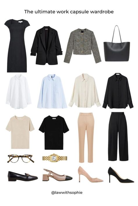 The ultimate work capsule wardrobe - Law With Sophie Uniqlo Capsule Wardrobe, Corporate Capsule Wardrobe, Work Capsule Wardrobe, Tweed Boucle Jacket, Corporate Wardrobe, French Capsule Wardrobe, Ultimate Capsule Wardrobe, Workwear Capsule, Capsule Wardrobe Checklist