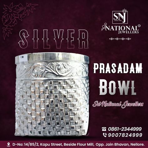 𝐒𝐈𝐋𝐕𝐄𝐑 𝐏𝐑𝐀𝐒𝐀𝐃𝐀𝐌 𝐁𝐎𝐖𝐋 👉At National Jewellers, you can find a range of exclusive collections that are precious, and that will add a sense of Happiness to your face. 👉wholesale prices. 👉𝐂𝐨𝐧𝐭𝐚𝐜𝐭 𝐮𝐬: +91 9007824999, 0861-2344999 👉𝐀𝐝𝐝𝐫𝐞𝐬𝐬: 14/85/2, Kapu Street, Beside Flour Mill, Opp-Jain Bhavan, Nellore. . . . . Gold Bangles For Women, Flour Mill, Silver Bowl, Gold Bangles, Flour, Silver Bracelet, Sense, Bangles, Bowl