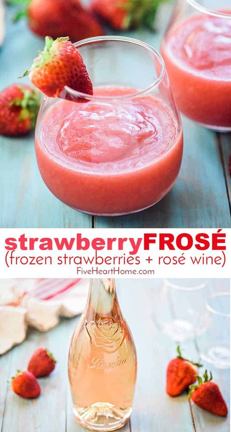 Frosé (Frozen Strawberries + Rosé Wine) ~ as quick and simple as blending rosé wine with frozen strawberries for a sweet, slushy, boozy, and refreshing frozen drink that's perfect for summer! | FiveHeartHome.com via @fivehearthome Rompope Recipe, Wine Slushie Recipe, Frosé Recipe, Frozen Rose, Slushie Recipe, Wine Slushie, Frozen Drink, Coctails Recipes, Rosé Wine