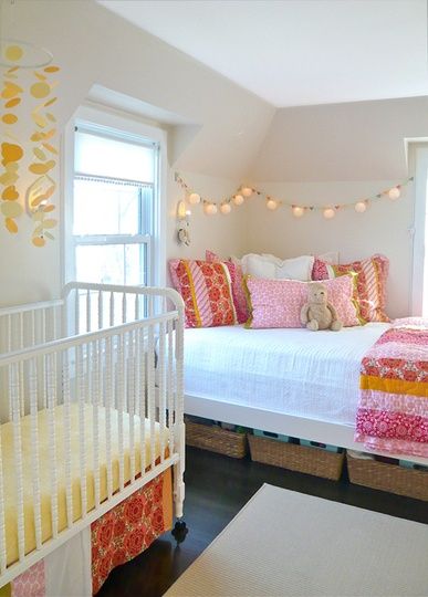 Shared Bedroom Ideas for Kids: Shared with Baby Room at Apartment Therapy via lilblueboo.com Shared Nursery, Nursery Guest Room, Kids Rooms Shared, Shared Girls Room, Small Kids Room, Kids Shared Bedroom, Shared Bedroom, Shared Room, Shared Bedrooms