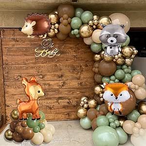 Brown Balloons, Baby Shower Balloon Arch, Forest Animal Baby Shower, Jungle Decorations, Baby Shower Garland, Woodland Baby Shower Decorations, Forest Baby Showers, Animal Baby Shower Theme, Baby Shower Woodland Theme