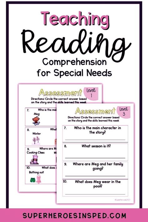 In all my years teaching in a self contained special education classroom, the reading curriculum offered was either a fluency program or A-Z reading levels. Both are great to help children learn HOW to read the words, but what about the comprehension skills that go along with reading fluently? There's a yearly reading comprehension bundle, monthly units, or grab a Characters & Settings freebie when you join my mailing list! Teacher resources for ELA for the special needs classroom. Reading Special Education, Functional Reading Special Education, Self Contained Special Education, Special Needs Classroom, Special Education Worksheets, Special Education Reading, Education Worksheets, High School Reading, Teaching Reading Comprehension