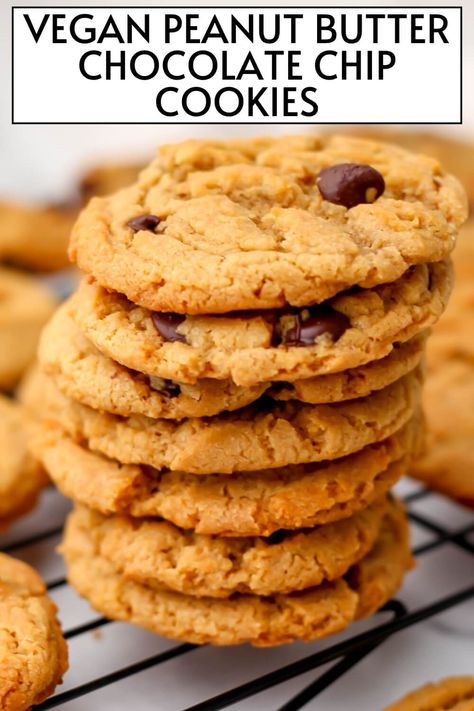 These soft and chewy vegan peanut butter chocolate chip cookies are everything that you have been looking for in a cookie. They're easy to make in 1 bowl with everyday ingredients, bake up in just ten minutes, and are simply delicious! thehiddenveggies.com Vegan Chocolate Chip Peanut Butter Cookies, Eggless Biscotti, Peanut Butter Cookies Chocolate, Vegan Sweets Recipes, Gluten Free Vegan Recipes Desserts, Healthy Vegan Cookies, Vegan Chocolate Cookies, Sweet Bars, Dairy Free Cheesecake