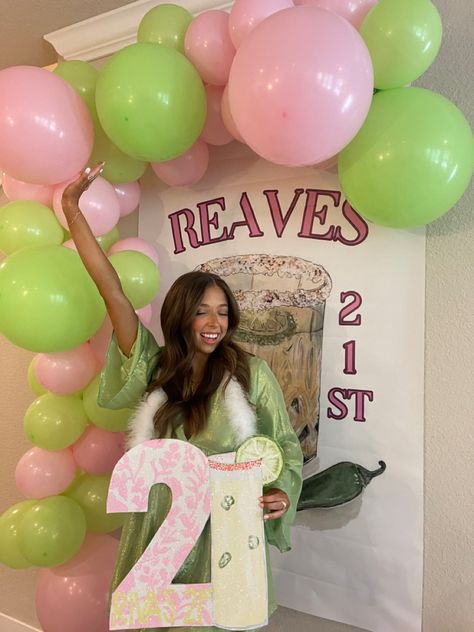 #birthday #21stbirthday 22nd Birthday Backdrop Ideas, Classy 21st Birthday Ideas Simple, 21st Birthday Set Up Ideas, Pink And Green 21st Birthday, Green 21st Birthday Ideas, 21st Birthday Balloon Arch, Winter 21st Birthday Ideas, 21 Birthday Sign Around Neck, Birthday Bar Ideas