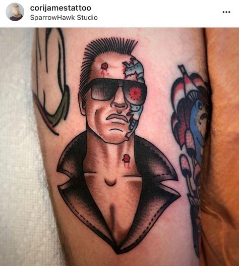 Terminator Tattoo Design, Arnold Schwarzenegger Tattoo, Traditional Movie Tattoo, Movie Traditional Tattoo, Terminator Leg Tattoo, Terminator Hand Tattoo, Deadpool Traditional Tattoo, Terminator Tattoo, Punisher Tattoo