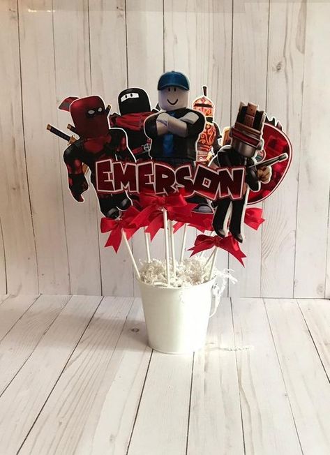 Video game party decoration Roblox inpired centerpieceVideo | Etsy Roblox Centerpieces, Paw Patrol Favors, Video Game Party Decorations, 6 Characters, Video Game Party, Lego Birthday Party, Harry Potter Decor, Game Party, Lego Birthday