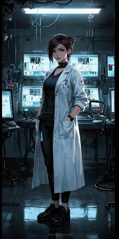 #cyberpunk #sci-fi Female Pilot Character Design, Cyberpunk Character Inspiration, Sci Fi Rich Character, Sci Fi Doctor Character Design, Nurse Concept Art, Scifi Captain, Sci Fi Guard, Spaceship Uniform, Character Art Sci Fi