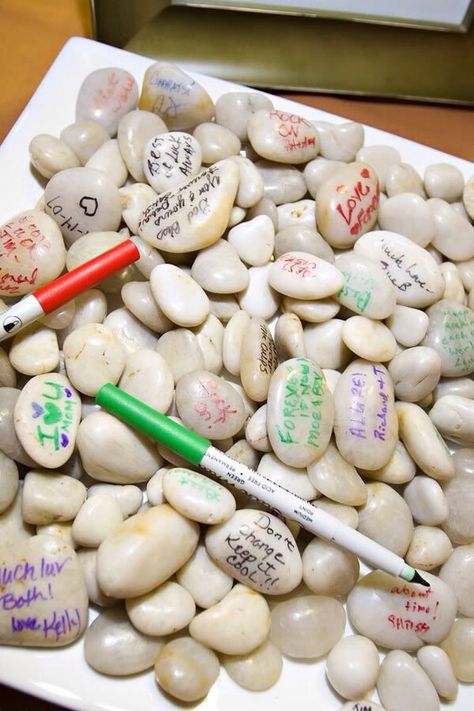 Writing On Stones Is A Great Way To Change Up A Guest Book. After Your Event Just Display In A Jar! Creative Guest Book, Guest Book Ideas, Wedding Accesories, Wedding Guest Book Unique, After The Wedding, Guest Signing, Sign Writing, Wedding Plan, Sweet 16 Parties