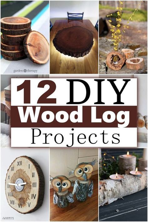 12 DIY wood log projects What To Do With Logs, Small Live Edge Wood Projects, Tree Limb Projects, Wooden Log Ideas, Wood Slice Christmas Decorations, Cedar Log Projects, Tree Slices Ideas, Log Ideas Diy Projects, Diy Log Projects