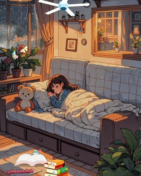 To Sleep, Sleepy Wallpaper Aesthetic, Home Animation, Sleep Cartoon Aesthetic, Cozy Room Illustration, Cozy Drawing, Night Bedroom Illustration, Anime Bedroom Illustration, Cozy Anime Bedroom Drawing