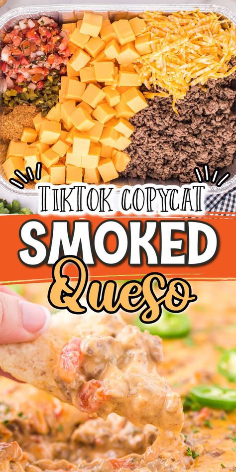 Smoked Velveeta Dip, Tik Tok Cheese Dip, Viral Queso Dip, Best Smoked Queso Dip, Large Appetizer Ideas, Smoker Queso Dip, Queso Dip Velveeta, Spicy Queso Dip, Queso Dip Crockpot