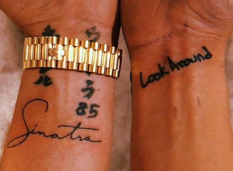 Logic’s inner wrist tattoos Logic Tattoo Ideas, Logic Tattoo Rapper, Head Tattoos For Women, Logic Tattoo, Rappers Tattoos, Frank Sinatra Tattoo, Inner Wrist Tattoo, Celeb Tattoos, American Traditional Tattoo Design