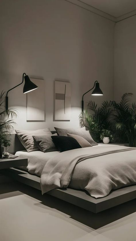 Home Decor Ideas Bedroom Minimalist, Sleek Minimalist Bedroom, Room Design For Couples, Black And White Bedroom Ideas For Couples, Manly Bedroom Decor, Cozy Bedroom Couple, Simple Clean Bedroom Ideas, Bedroom Nightstand Aesthetic, Minimal Apartment Bedroom