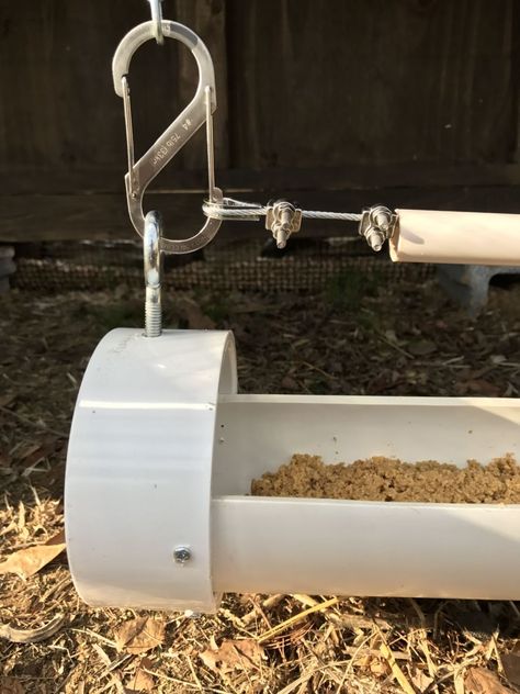 Hanging PVC feeder for fermented feed with baffle | BackYard Chickens - Learn How to Raise Chickens Pvc Feeders For Chickens, Pvc Gravity Chicken Feeder, Chicken Tractor Feeder, Diy Hanging Chicken Feeder, Chicken Scraps Feeder, Hanging Chicken Feeder Ideas, Chicken Feeder For Large Flock, Diy Chicken Trough Feeder, Fermented Chicken Feed Feeder