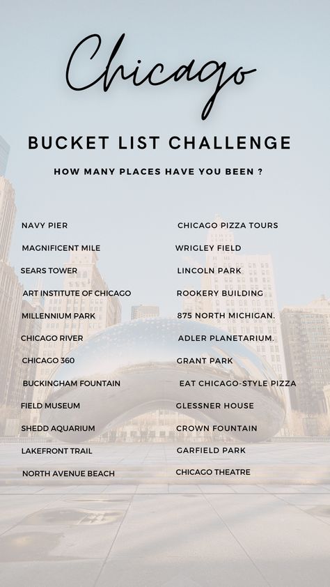 Chicago must visit places Chicago Best Places, Travel To Chicago, Bucket List Chicago, Chicago Must See Bucket Lists, Chicago To Do List, Chicago Visit Things To Do, Things To Do In Chicago In June, Chicago Bucket List Things To Do, Chicago Packing List Summer