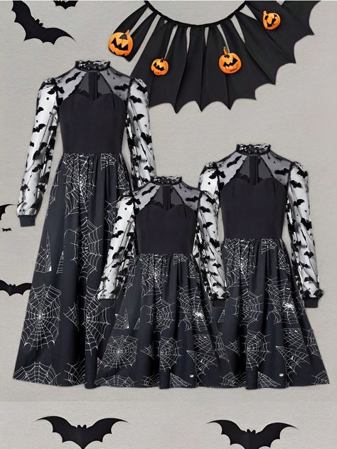 Black Party Collar Long Sleeve Polyester Animal,Colorblock,Halloween A Line Embellished Non-Stretch  Young Girls Clothing Fancy Birthday Party, Dress Autumn, Birthday Party Dress, Party Halloween, Elegant Dresses Long, Black Party, Halloween Dress, Dark Fashion, Womens Midi Dresses