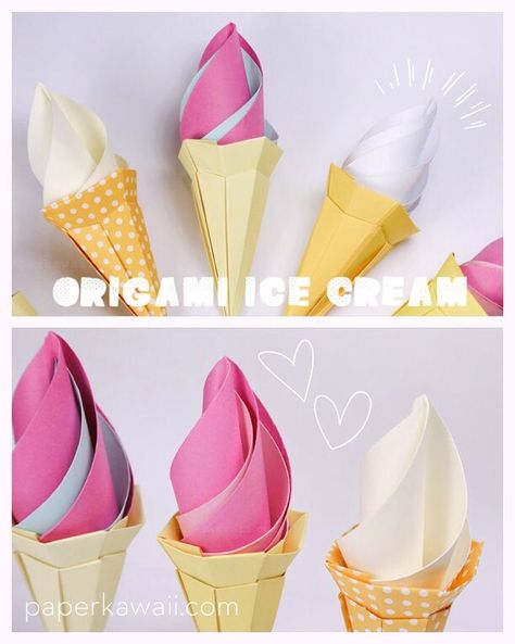 Origami Ice Cream Cone Instructions - Modular Origami Ice Cream, Ice Cream Art, Cute Origami, Origami And Kirigami, Kawaii Diy, Origami Paper Art, Origami Instructions, Ice Cream Cones, Origami Stars