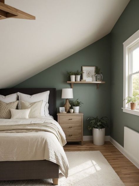 Create a cozy and stylish attic bedroom by adding an accent wall with textured wallpaper or a bold paint color. Maximize the angled ceilings by installing built-in shelving or hanging plants for added visual interest. Attic Bedroom Ideas, Bold Paint Colors, Angled Ceiling, Angled Ceilings, Attic Bedrooms, Accent Wall Bedroom, Wall Bedroom, Attic Bedroom, Textured Wallpaper