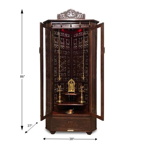 60″ Custom Pooja Mandir- Open Model (Cinnamon) – Divine Corner Mandir Design, Small Pooja Unit, Antique Knobs, Medical Office Design, Boys Bedroom Makeover, Metallic Gold Paint, Mandir Design, Wal Art, Temple Design For Home