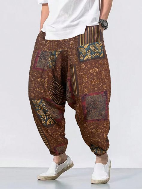 Pantalon de rue casual à imprimé intégral avec cordon élastique pour hommes Tabac Style de rue   Tissu tissé Géométrique,Patchwork,Tribal,Plantes,Tout Imprimé Sarouel,ample,Coupe jogger Pas de l'extensibilité  Men Clothing, size features are:Bust: ,Length: ,Sleeve Length: Harem Pants Men, Leather Suspenders, Streetwear Pants, Drop Crotch Pants, Man Weave, Country Dresses, Slim Fit Top, Estilo Hip Hop, Elegant Dresses Long