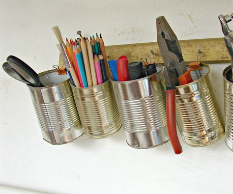 Recycled Tin Can Wall Organizer Recycled Tin Cans, Tin Wall, Recycled Tin, Tin Walls, Wall Organizer, Bottle Box, Tin Cans, Diy Cans, Can Organizer