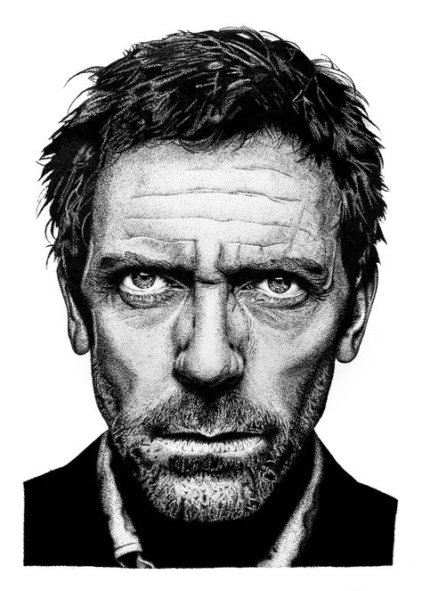 House MD's Fanart Drawing - Nankin Dotted Drawings, Pencil Watercolor, Face Anatomy, Fanart Drawing, House Md, Funny Caricatures, Snake Art, Hugh Laurie, Dr House