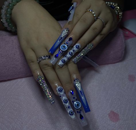 Long Evil Eye Nails, Long Acrylic Nails Evil Eye, Third Eye Nails Acrylic, Ojo Acrylic Nails, Turkish Eye Acrylic Nails, Coffin Evil Eye Nails, Evil Eye Nail Art, Bling Nail Art, Evil Eye Nails