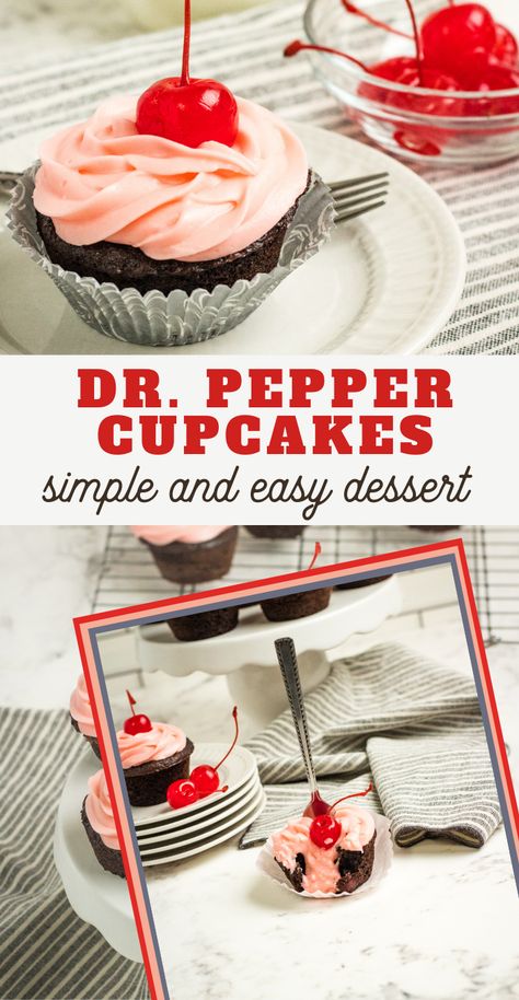 The best part about this Dr. Pepper cupcakes recipe is that they still taste like regular cupcakes do, but they are moist and fudgy! #cupcakerecipes #simpledesserts #easycupcakes #3boysandadog Dr Pepper Cupcakes, Cherry Dr Pepper, Raspberry Cupcake Recipes, Cake Mix Cupcakes, Delicious Cupcakes Recipes, Mini Cake Recipe, Fast Desserts, Easy Cupcake Recipes, Easy Dessert Recipe