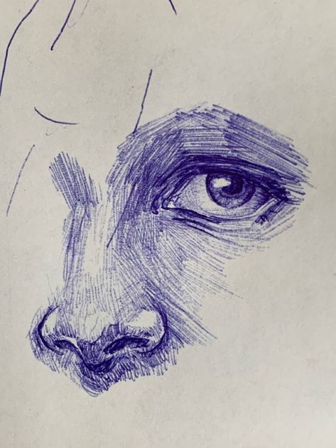 Nose Biro Drawing, How To Crosshatch A Face, Blue Art Drawing, Drawing Ideas With Blue Pen, Biro Pen Eye Drawing, Pen Nose Drawing, Ballpoint Pen Eye Drawing, Biro Drawing Face, Eye And Nose Drawing