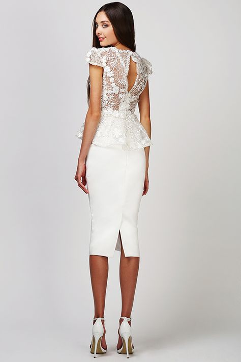 Truly Trendy: Love Found True's White Dahlia Collection | OneFabDay.com Ireland Pencil Dress Wedding, Peplum Wedding Dress, Wedding Dresses White, Lace Peplum Dress, White Dahlia, Peplum Lace, Trendy Bride, Madame Figaro, Bridal Separates