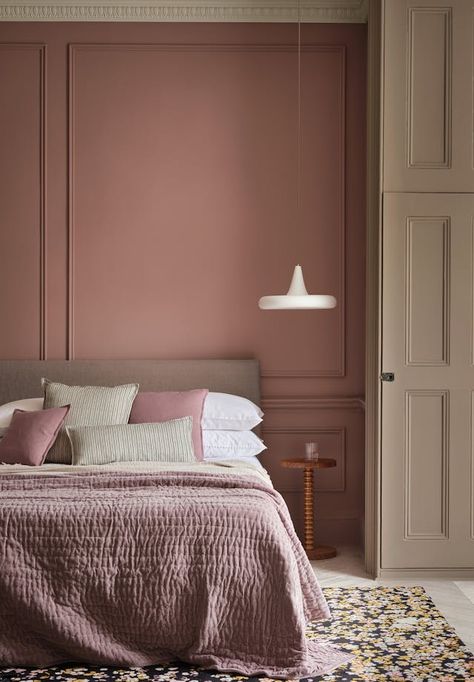 Ruse Bedroom | Paint & Paper Library Sulking Room Pink Bedroom, Pink Victorian Bedroom, Dusky Pink Bedroom, White Painted Floors, Interior 2024, Pitched Ceiling, Victorian Bedroom, Paint And Paper Library, Paint Paper