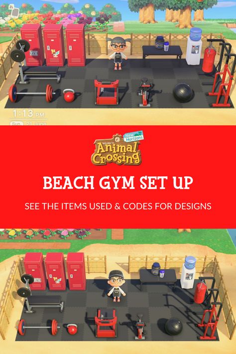 Gym Layout Design, Outside Gym, Gym Layout, Dream Code, Animal Crossing New Horizon, Animal Crossing 3ds, Ac New Leaf, Beach Gym, Animal Crossing Fan Art