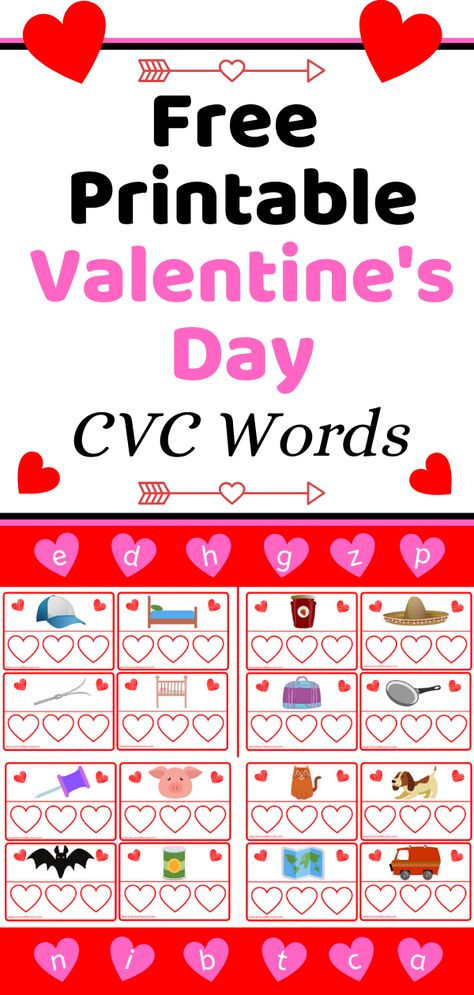 Here's a free printable Valentine's Day CVC words game that your little one's will love to play to practice their early reading and writing skills! From sounding out and blending to improving their writing skills! #freeprintables #kidsprintables #kids #preschool #pre-k #kindergarten #valentinesday Valentines Cvc Activities, Cvc Word Worksheets, Cvc Word Games, Kindergarten February, Valentine Bingo, February Activities, Kindergarten Valentines, Schoolhouse Rock, Cvc Words Worksheets