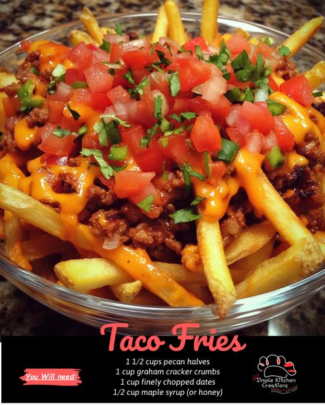 Get ready to drool over these mouthwatering Taco Fries! Crispy, seasoned fries topped with seasoned ground beef, melted cheese, fresh salsa, creamy guacamole, and zesty sour cream. The perfect twist on traditional tacos. #tacotuesday #friesforlife #foodieheaven 🌮🍟🤤 Mexi Fries, Taco Fries, Traditional Tacos, Velveeta Rotel, Fiesta Recipes, Creamy Guacamole, Cherry Pie Bars, Seasoned Fries, Frozen French Fries