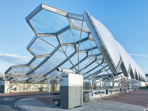 Suspended roof in Kehl: ETFE roof and ... Etfe Roof, Car Wash Station, Wash Station, Train Station Architecture, Steel Structure Buildings, Membrane Roof, Concept Models Architecture, Facade Architecture Design, Eco Architecture