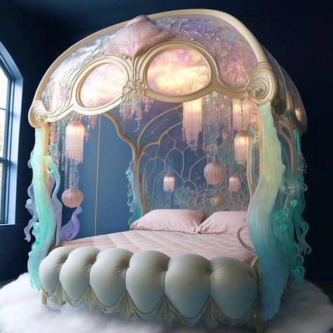 Mary Elizabeth on Instagram: “Jellyfish canopy beds | Which is your favorite? 🤔 . For #jellyfish #aiartdailytheme @ai_art_community . . #aiart #aiartfamily…” Ocean Inspired Bedroom, Weird Beds, Unusual Beds, 80s Home, Themed Kids Room, Canopy Beds, Fantasy Rooms, Kids Bedroom Designs, Bathroom Decor Apartment