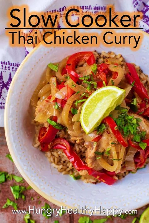 This Slow Cooker Thai Chicken Curry is one of the easiest slow cooker recipes to make, as you just throw everything in the slow cooker and let it cook away - no prep or pre-cooking needed. Just some chicken, veggies, Thai curry paste and coconut milk and you have yourself a spicy and fragrant easy weeknight meal. Healthy and simple, serve with rice or noodles for an easy crockpot meal. Crockpot Thai Chicken, Crockpot Thai, Slow Cooker Thai, Slow Cooker Thai Chicken, Thai Chicken Curry, Thai Curry Paste, Food Spicy, Crockpot Meal, Chicken Veggies